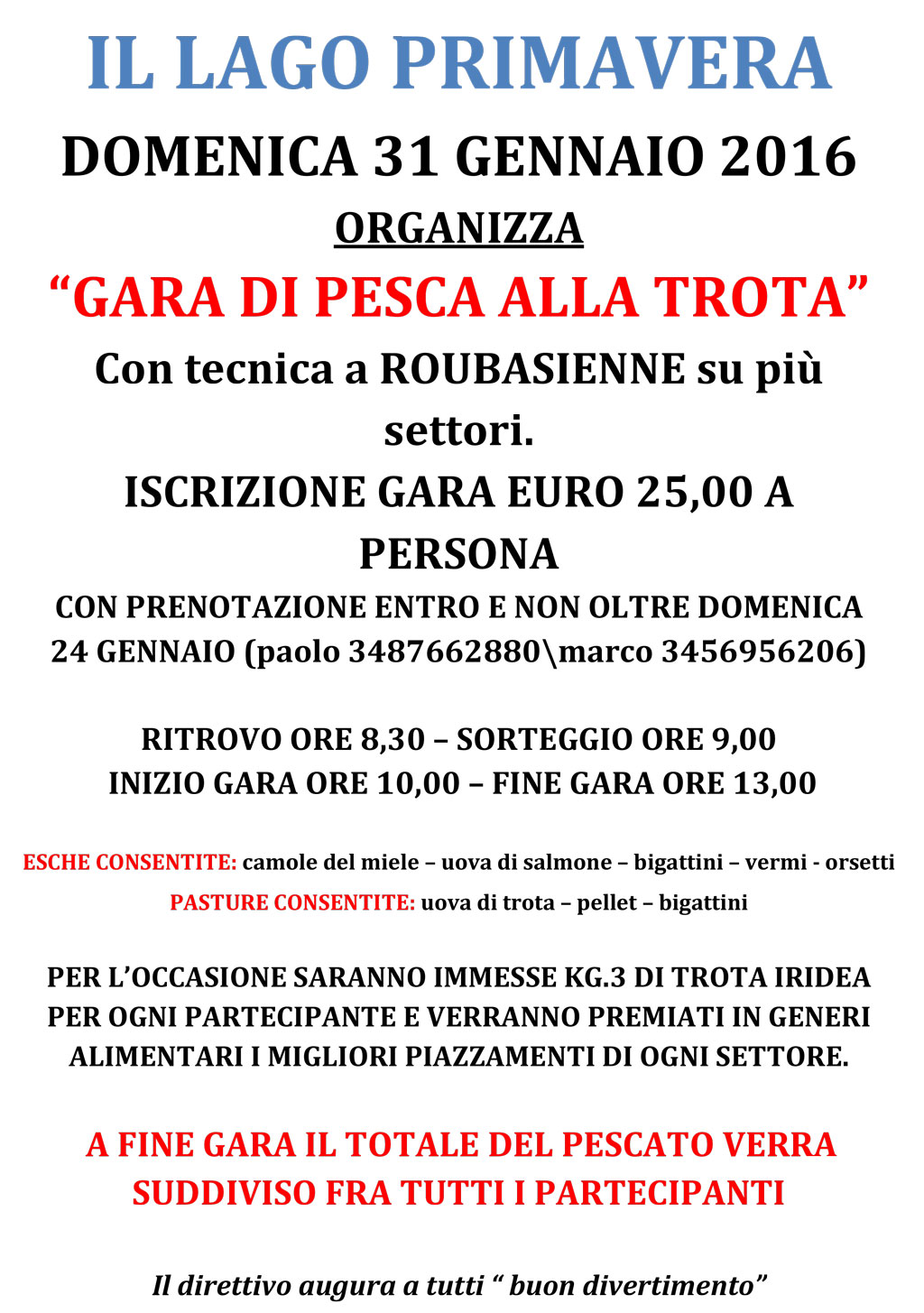 Lago Primavera gara pesca alla trota 31/01/2016